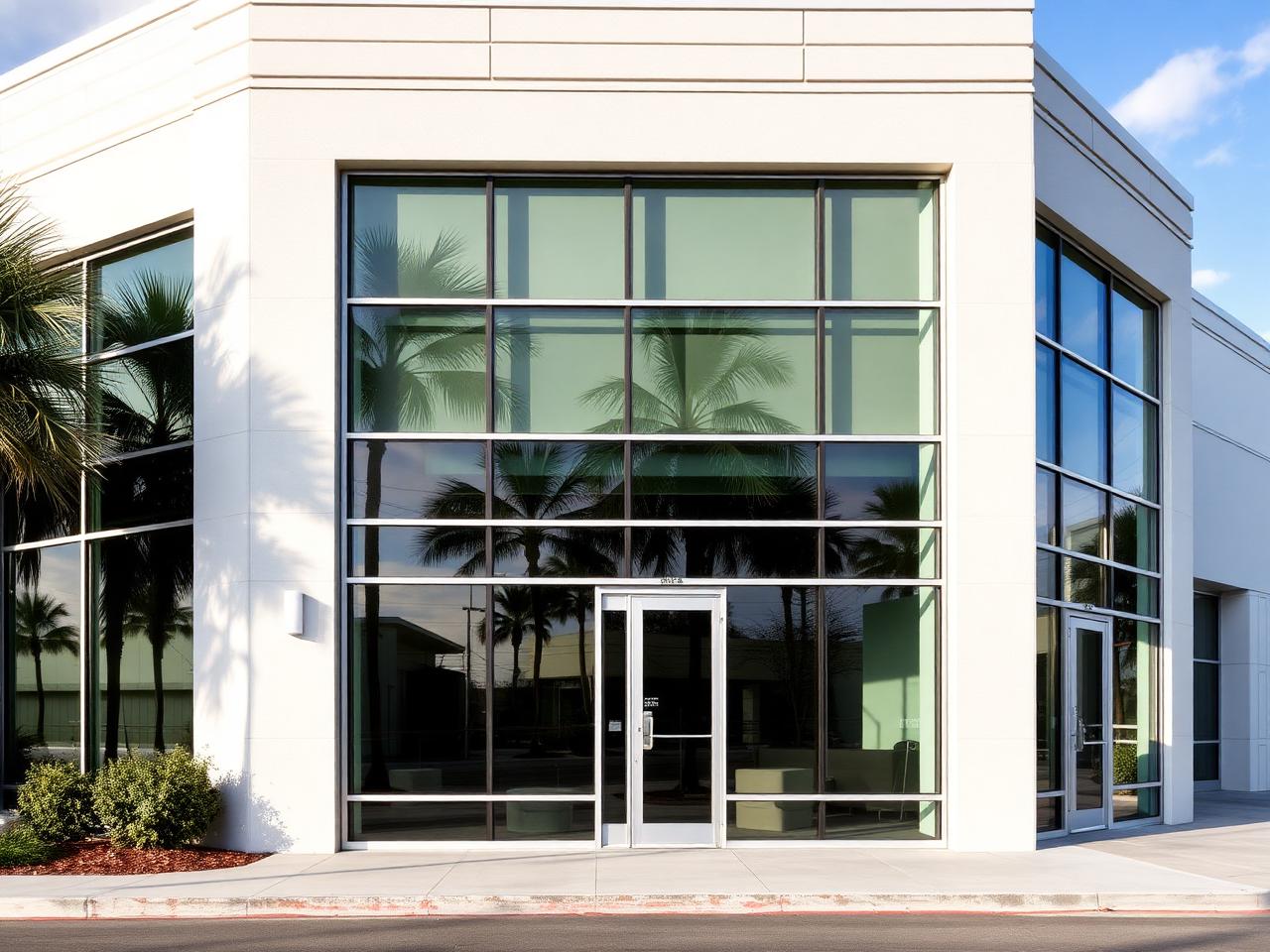 Impact rated commercial glass storefront on a low-rise South Florida office building