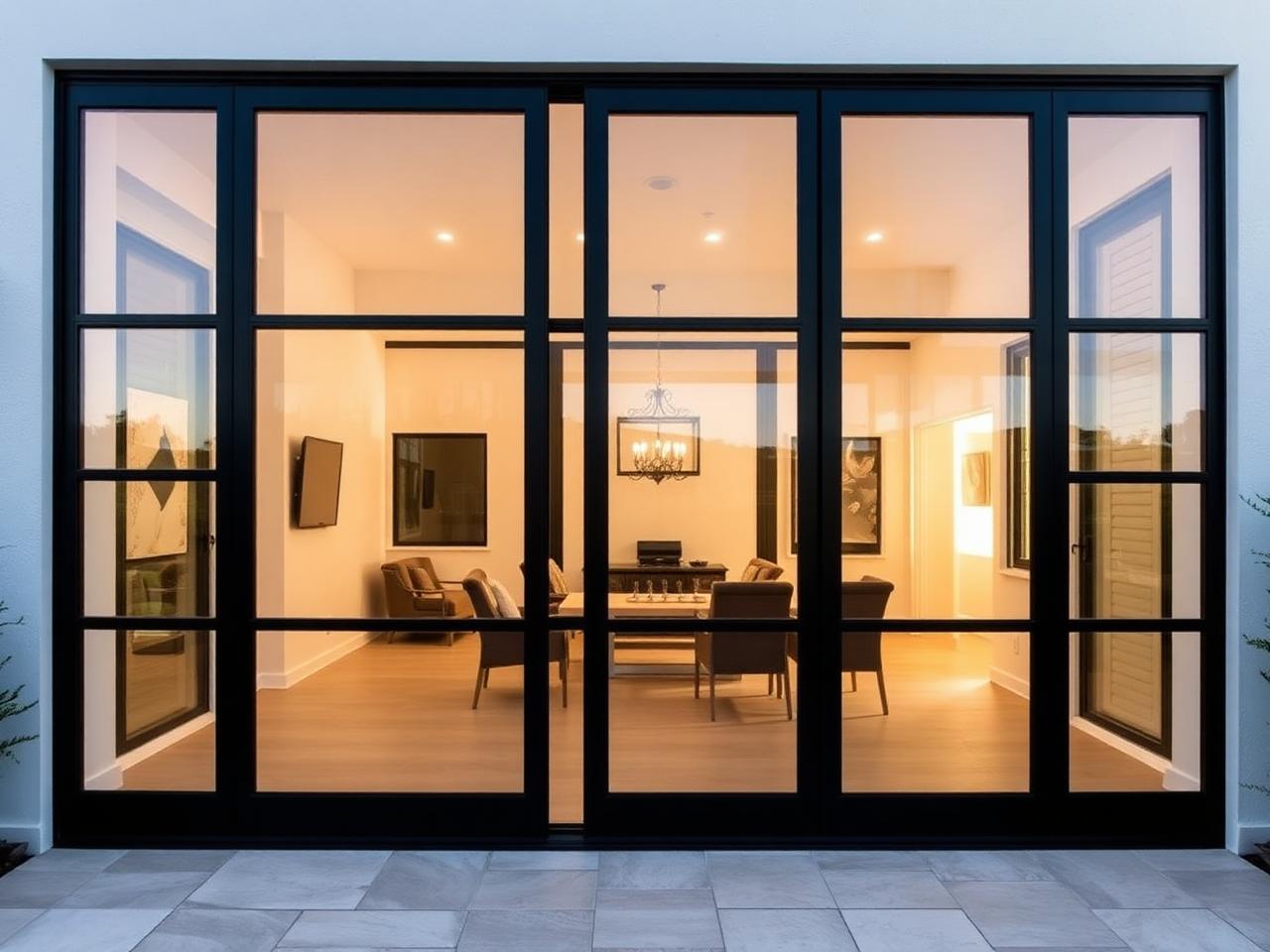 Wide multi-panel impact rated sliding glass door on a Florida home patio