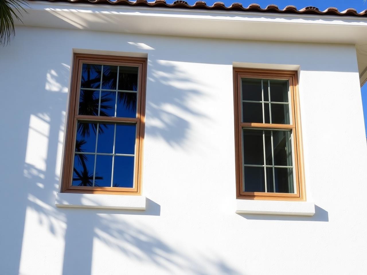Impact rated windows in bronze frames on a white stucco South Florida house